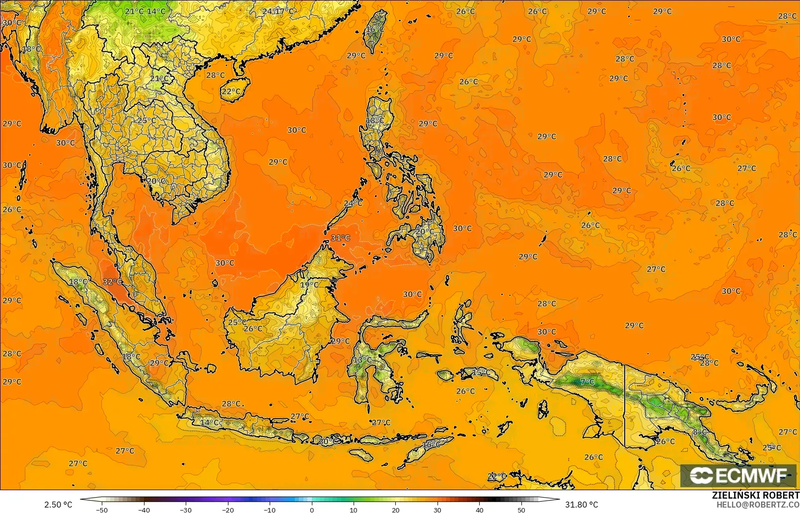 ECMWF IFS 0.25° model - Güneydoğu Asya, 2 m Sıcaklık