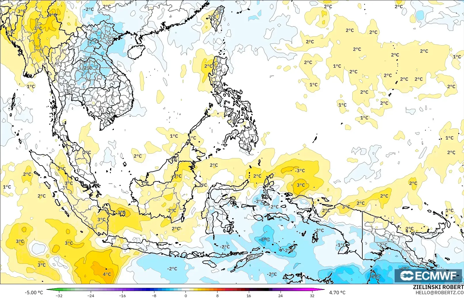 ECMWF IFS 0.25° model - Güneydoğu Asya, 850 hPa Sıcaklık Anomalisi