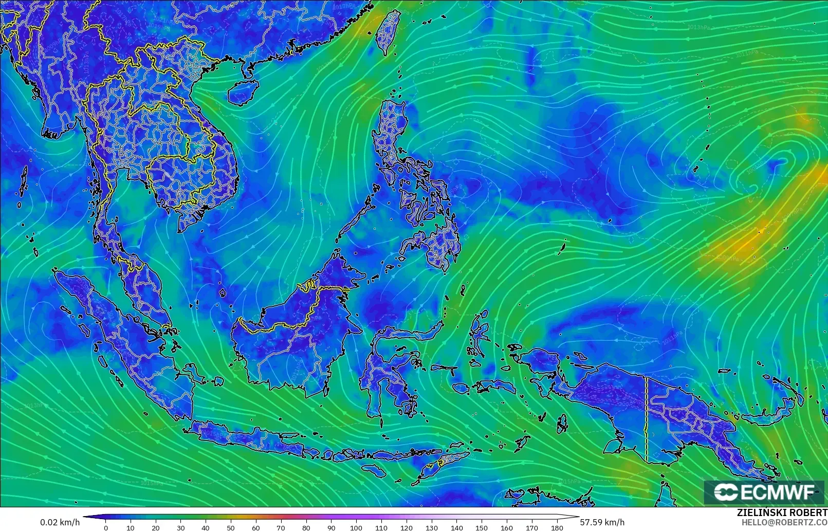 ECMWF IFS 0.25° model - Güneydoğu Asya, 10 m Rüzgâr