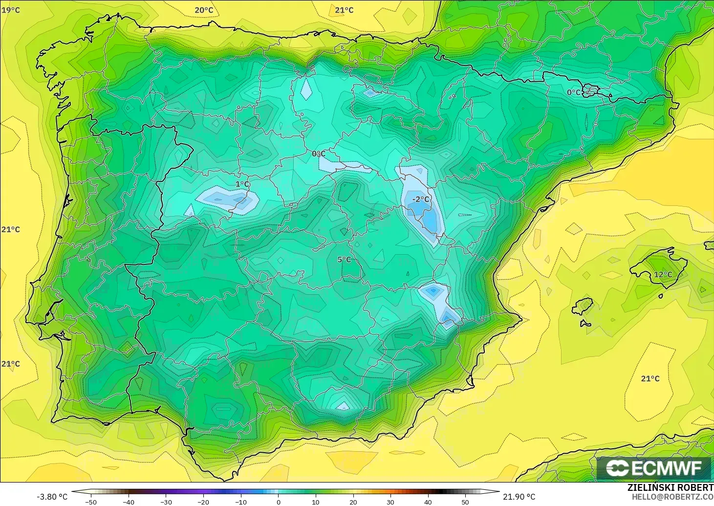 ECMWF IFS 0.25° model - İspanya, 2 m Çiy Noktası