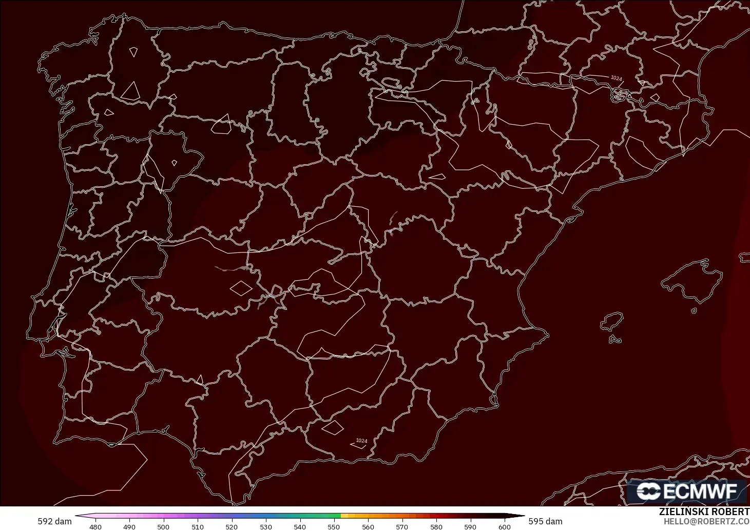 ECMWF IFS 0.25° model - İspanya, 500 hPa’da jeopotansiyel yükseklik