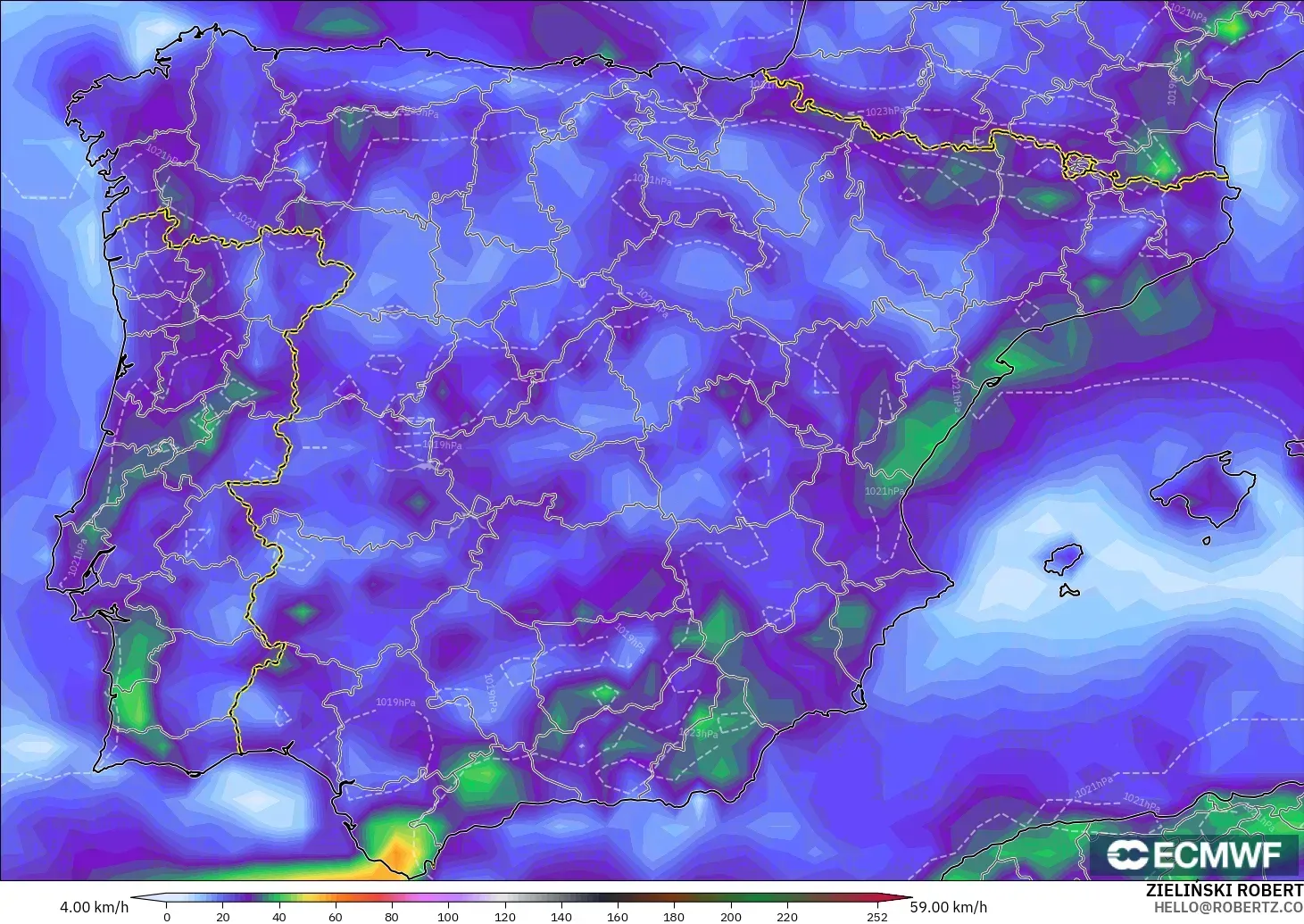 ECMWF IFS 0.25° model - İspanya, En Yüksek Rüzgâr