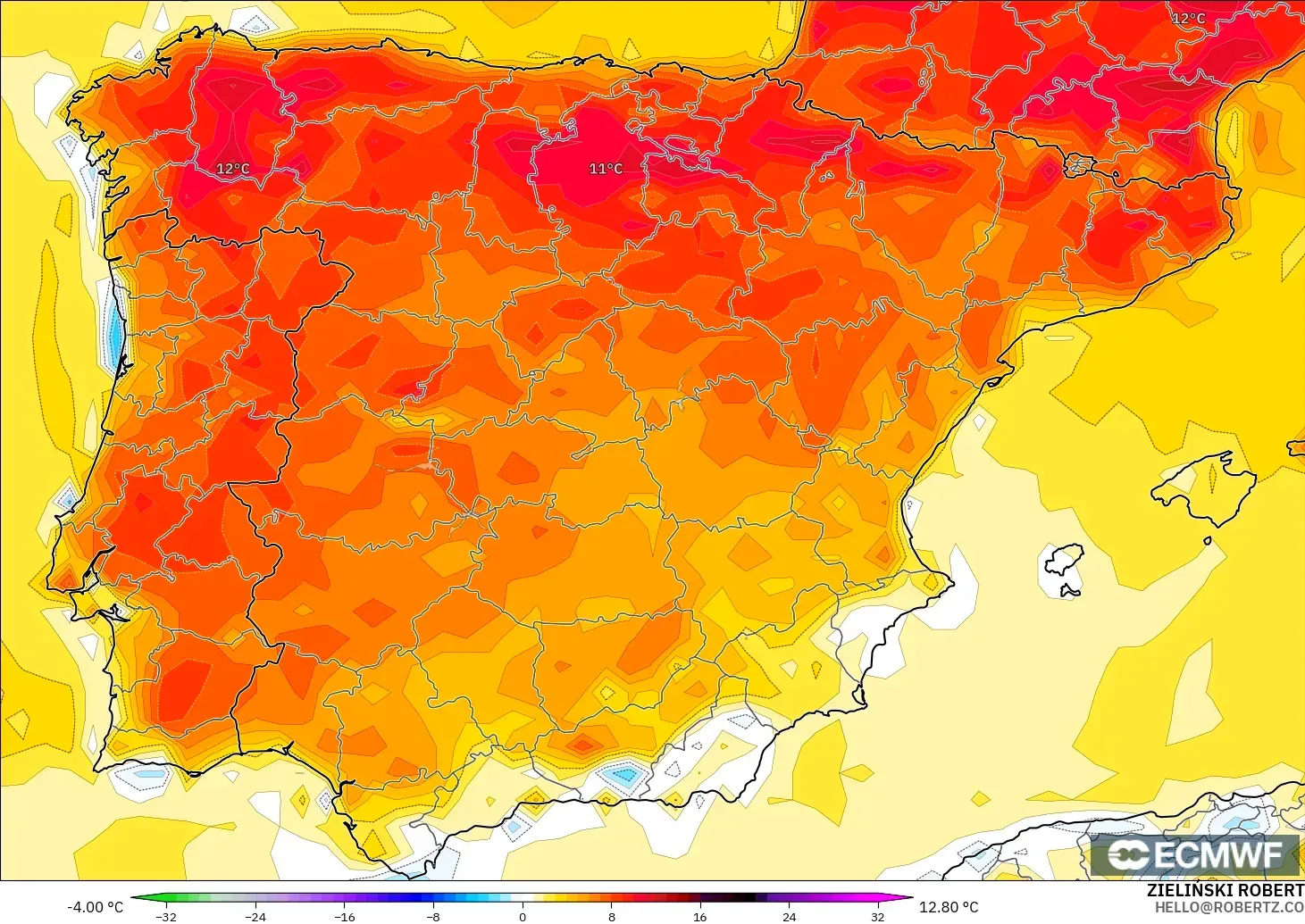 ECMWF IFS 0.25° model - İspanya, 2 m Sıcaklık Anomalisi