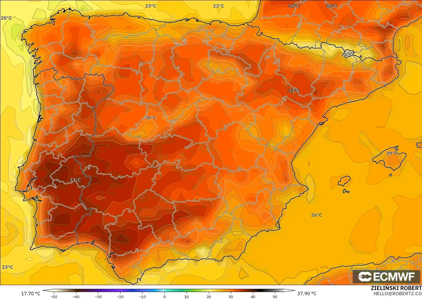 ECMWF IFS 0.25° model - İspanya, 2 m Sıcaklık