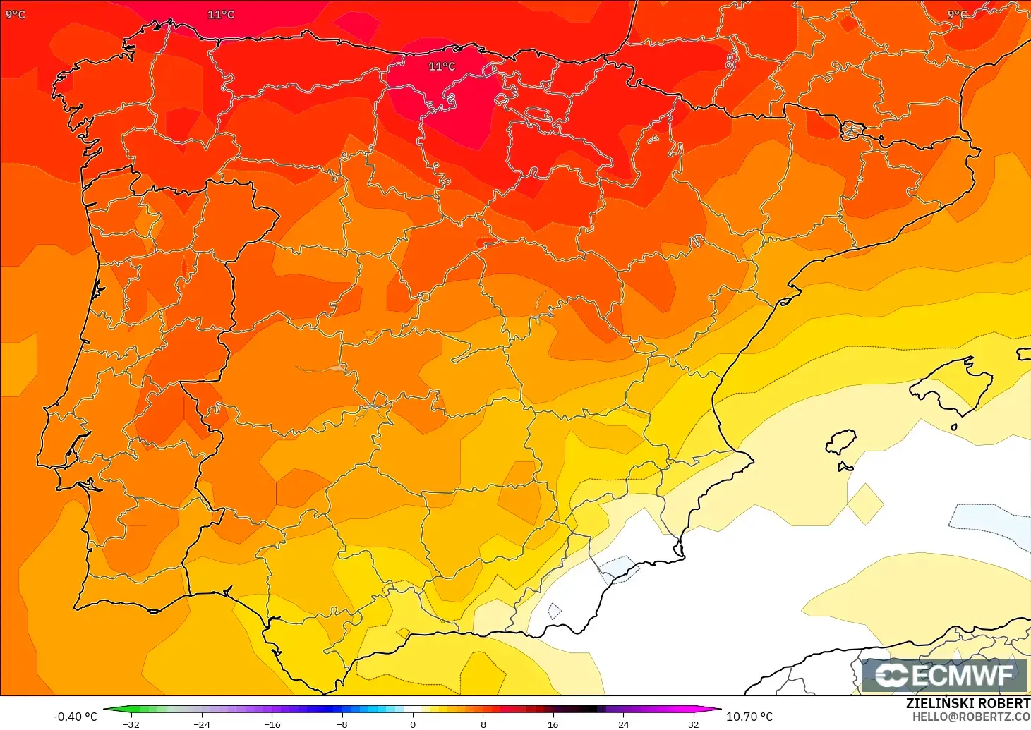 ECMWF IFS 0.25° model - İspanya, 850 hPa Sıcaklık Anomalisi