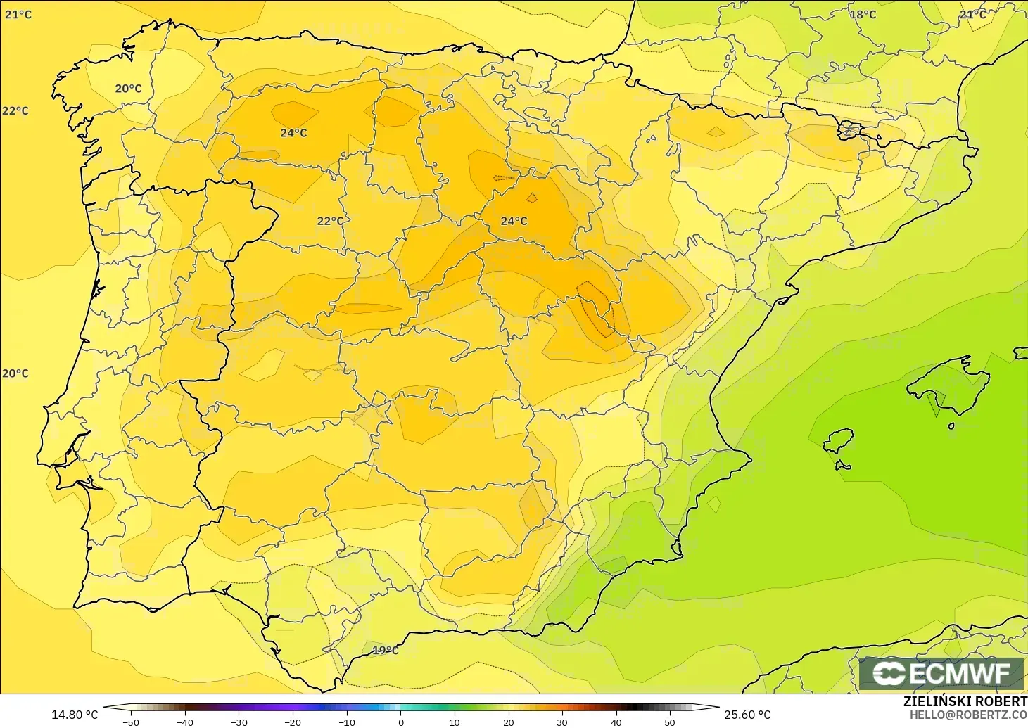 ECMWF IFS 0.25° model - İspanya, 850 hPa Sıcaklık