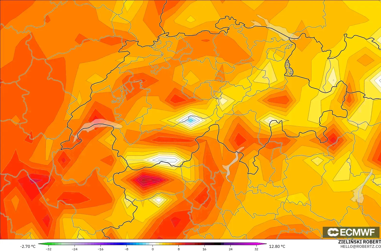 ECMWF IFS 0.25° model - İsviçre, 2 m Sıcaklık Anomalisi
