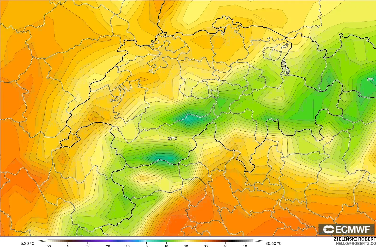 ECMWF IFS 0.25° model - İsviçre, 2 m Sıcaklık