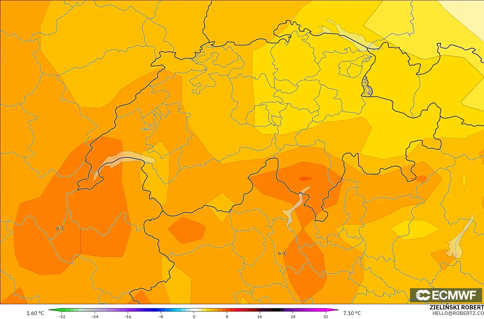 ECMWF IFS 0.25° model - İsviçre, 850 hPa Sıcaklık Anomalisi