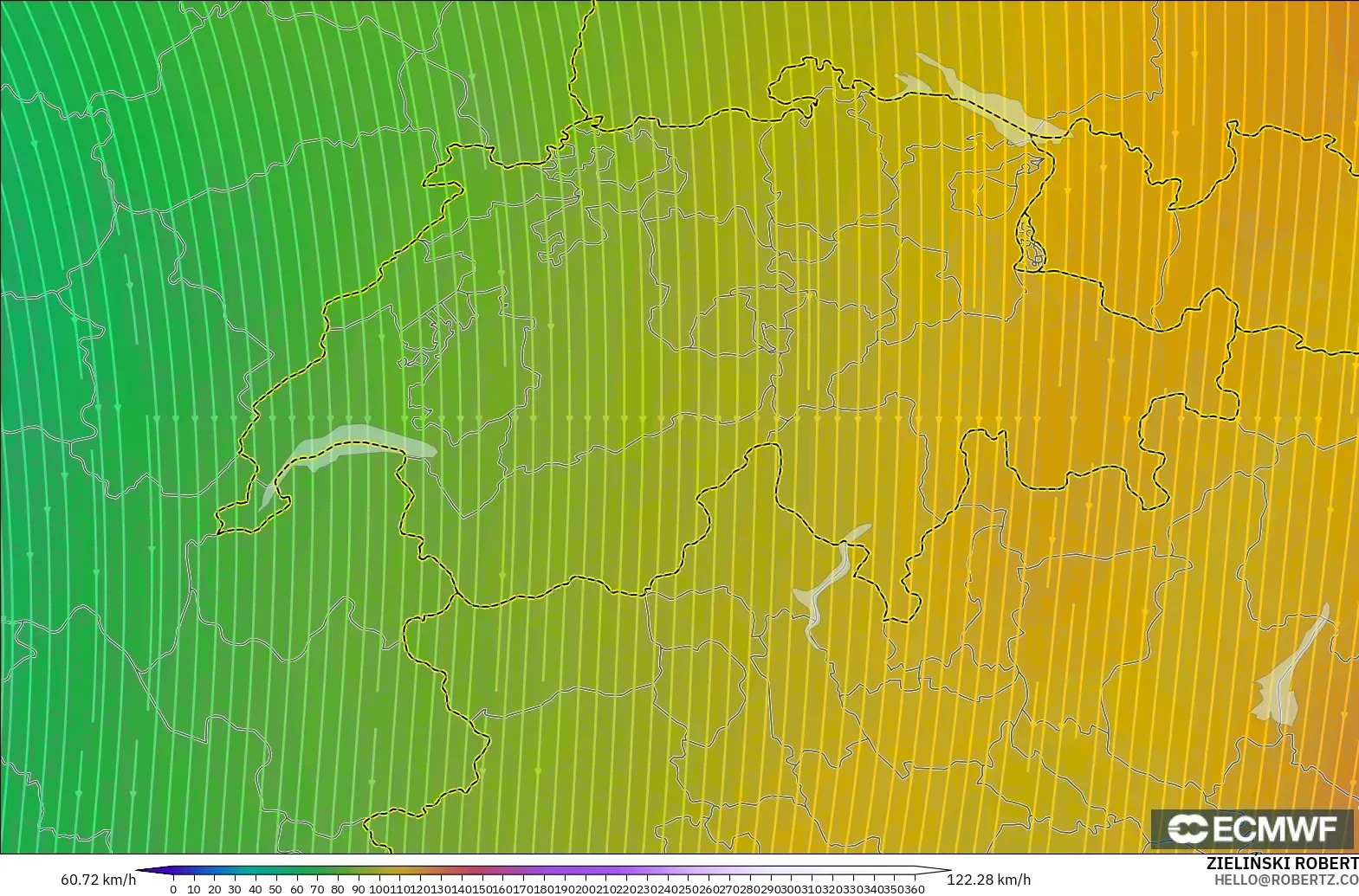 ECMWF IFS 0.25° model - İsviçre, 300 hPa Rüzgârı (jet)