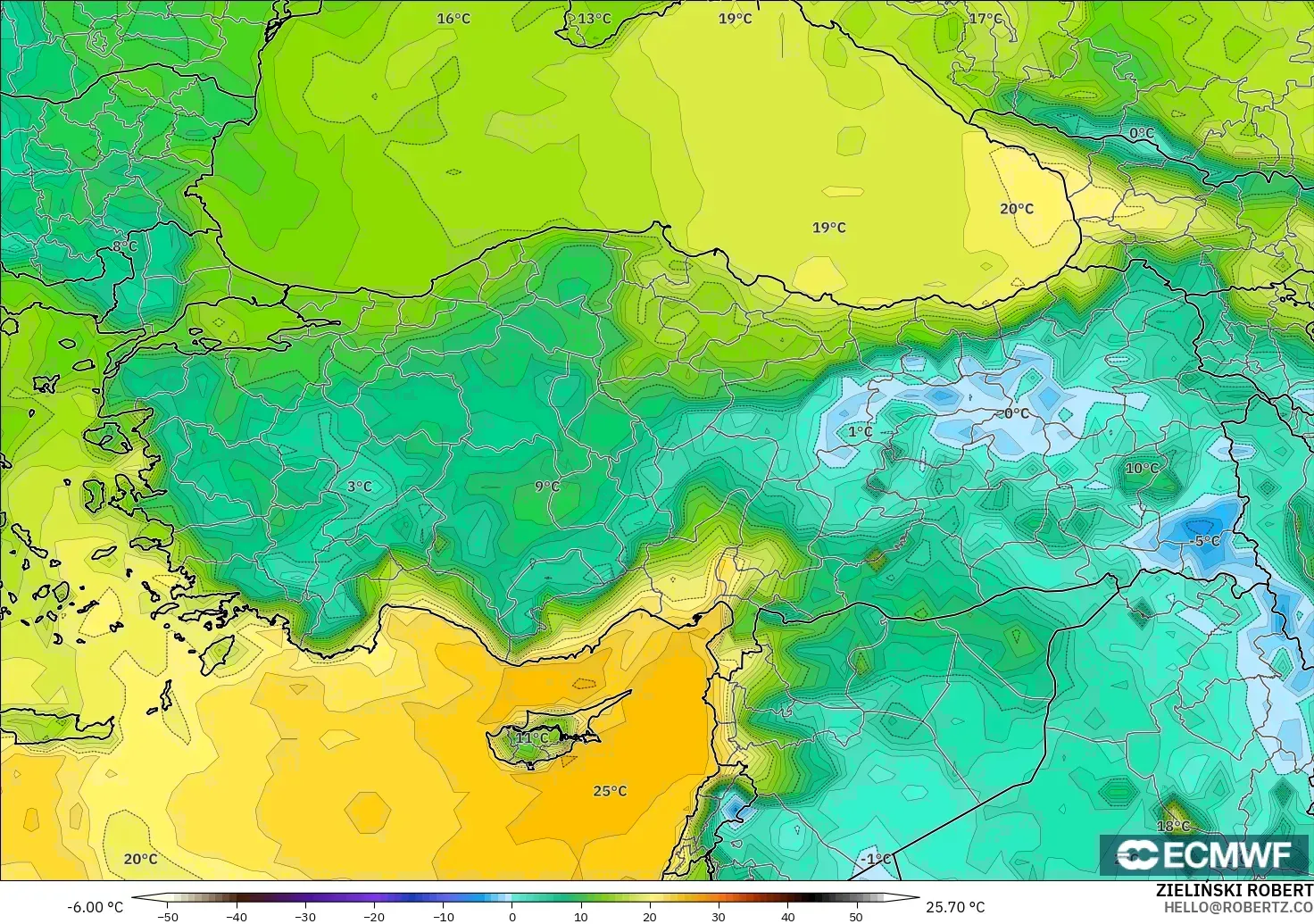 ECMWF IFS 0.25° model - Türkiye, 2 m Çiy Noktası