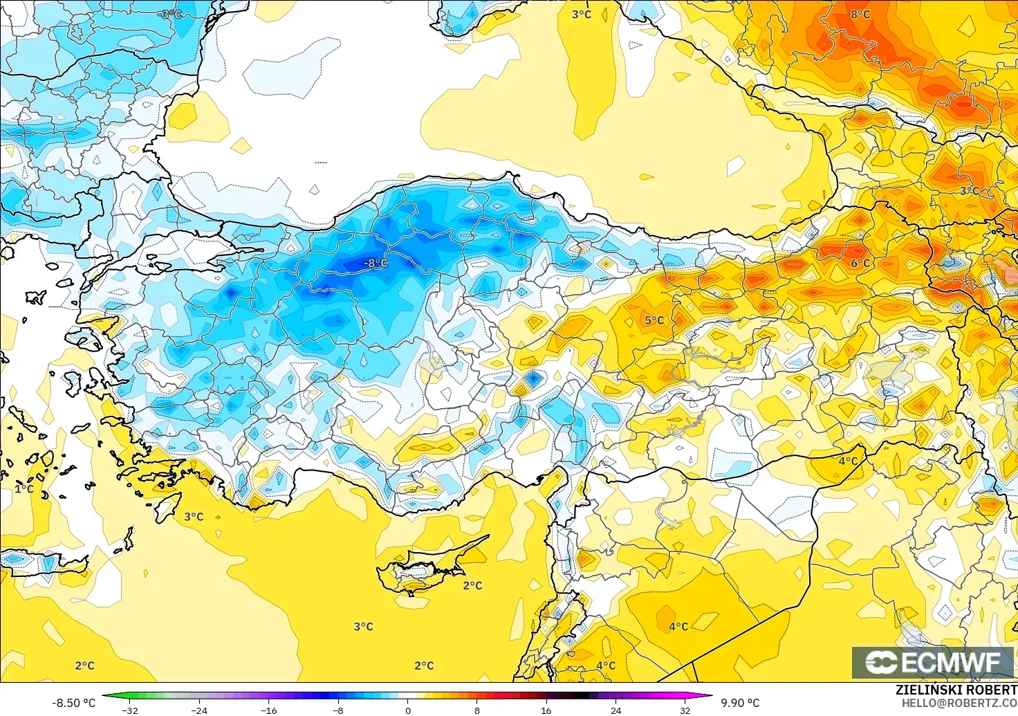 ECMWF IFS 0.25° model - Türkiye, 2 m Sıcaklık Anomalisi