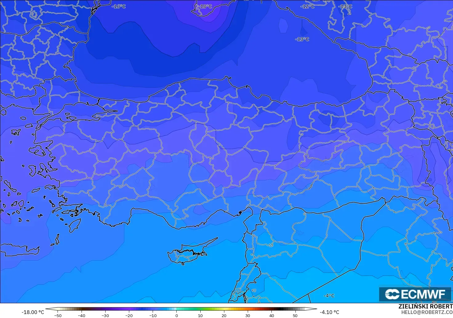 ECMWF IFS 0.25° model - Türkiye, 500 hPa Sıcaklık