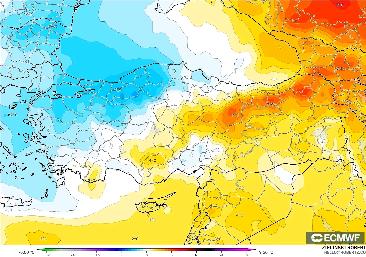 ECMWF IFS 0.25° model - Türkiye, 850 hPa Sıcaklık Anomalisi