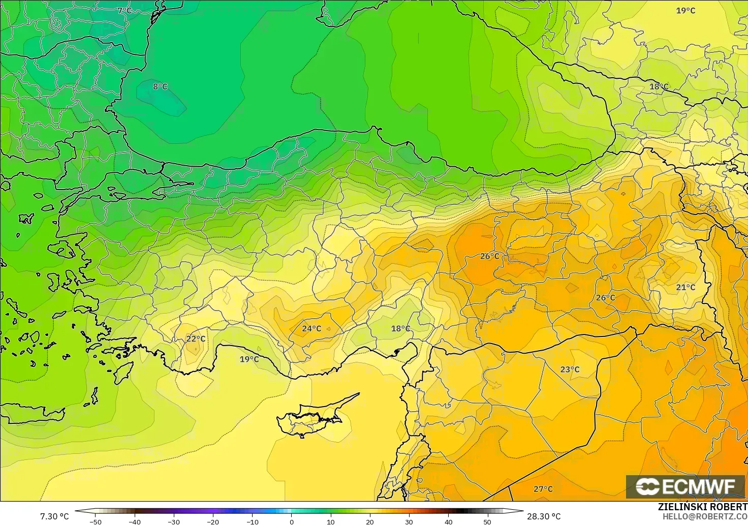 ECMWF IFS 0.25° model - Türkiye, 850 hPa Sıcaklık