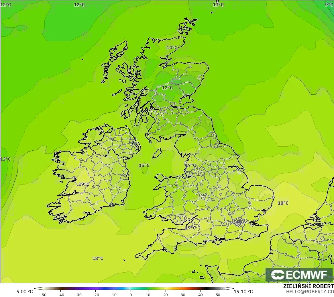 ECMWF IFS 0.25° model - Birleşik Krallık, 2 m Çiy Noktası