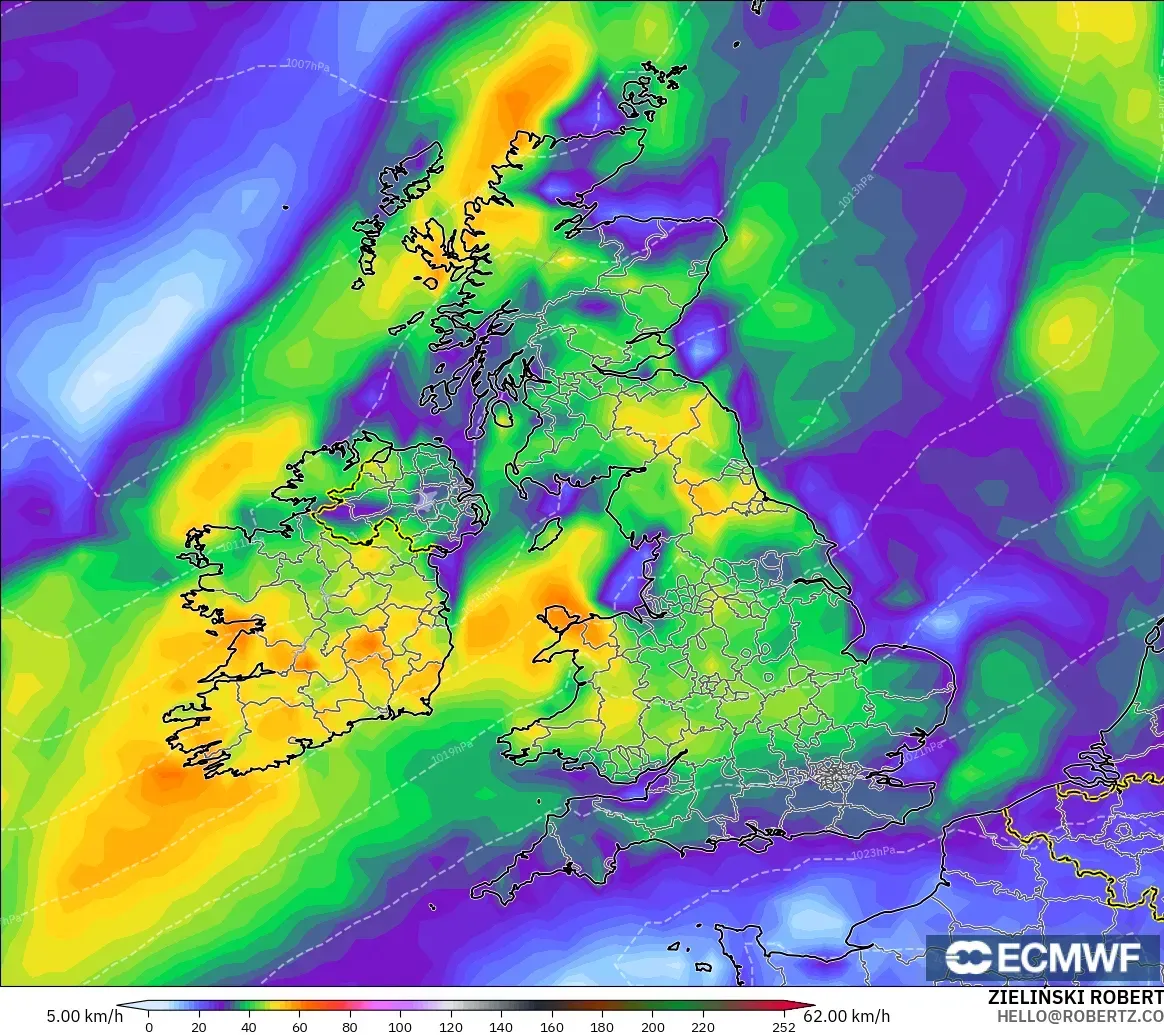 ECMWF IFS 0.25° model - Birleşik Krallık, En Yüksek Rüzgâr