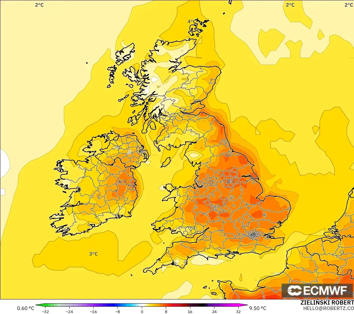 ECMWF IFS 0.25° model - Birleşik Krallık, 2 m Sıcaklık Anomalisi