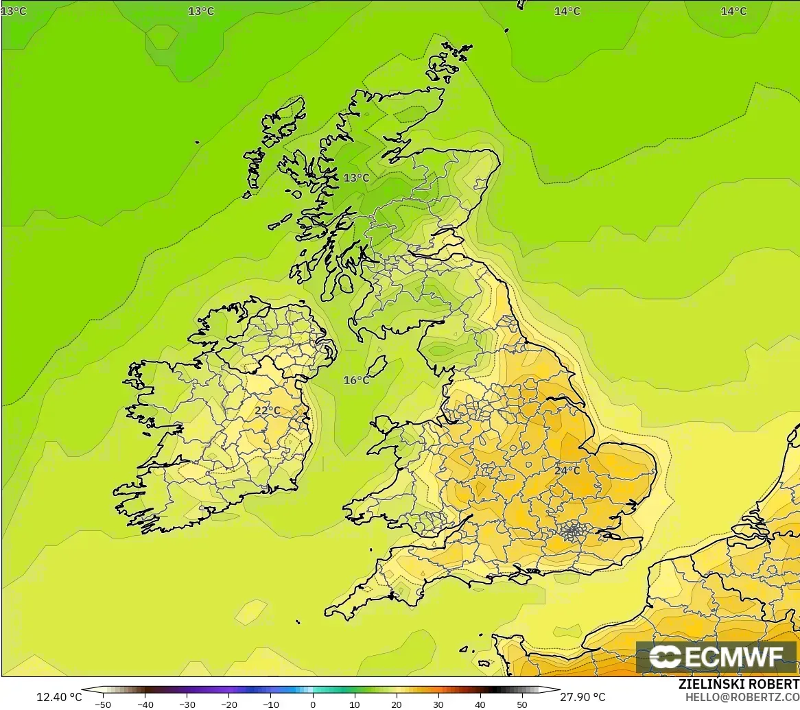 ECMWF IFS 0.25° model - Birleşik Krallık, 2 m Sıcaklık