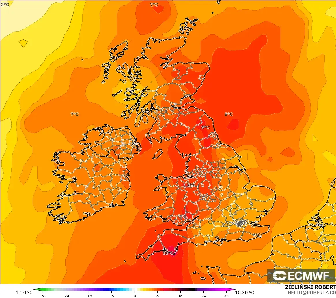 ECMWF IFS 0.25° model - Birleşik Krallık, 850 hPa Sıcaklık Anomalisi