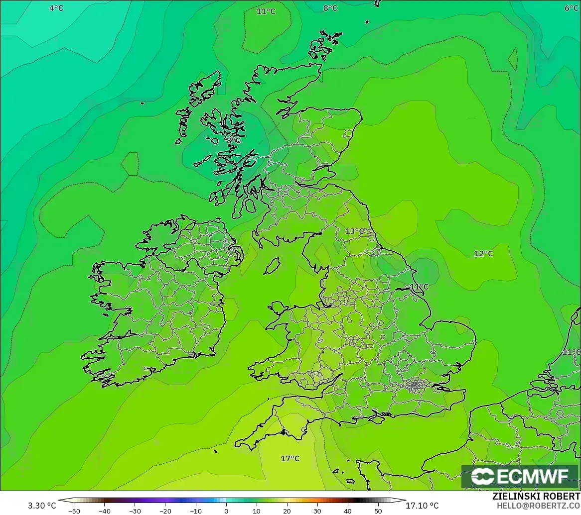 ECMWF IFS 0.25° model - Birleşik Krallık, 850 hPa Sıcaklık