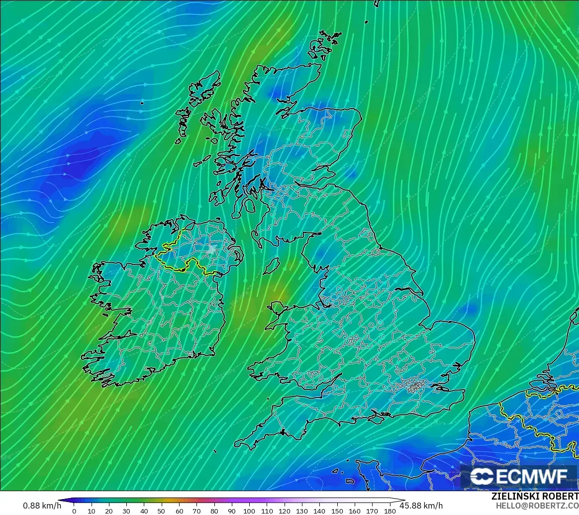 ECMWF IFS 0.25° model - Birleşik Krallık, 10 m Rüzgâr