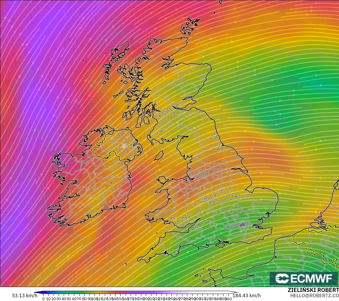 ECMWF IFS 0.25° model - Birleşik Krallık, 300 hPa Rüzgârı (jet)