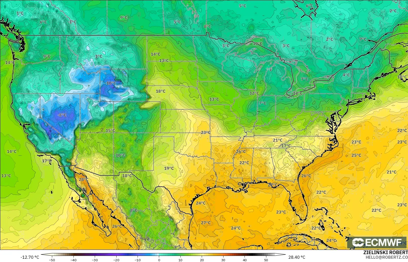 ECMWF IFS 0.25° model - Amerika Birleşik Devletleri, 2 m Çiy Noktası