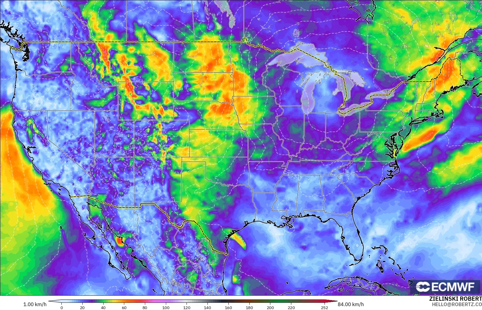 ECMWF IFS 0.25° model - Amerika Birleşik Devletleri, Rüzgâr Esintileri