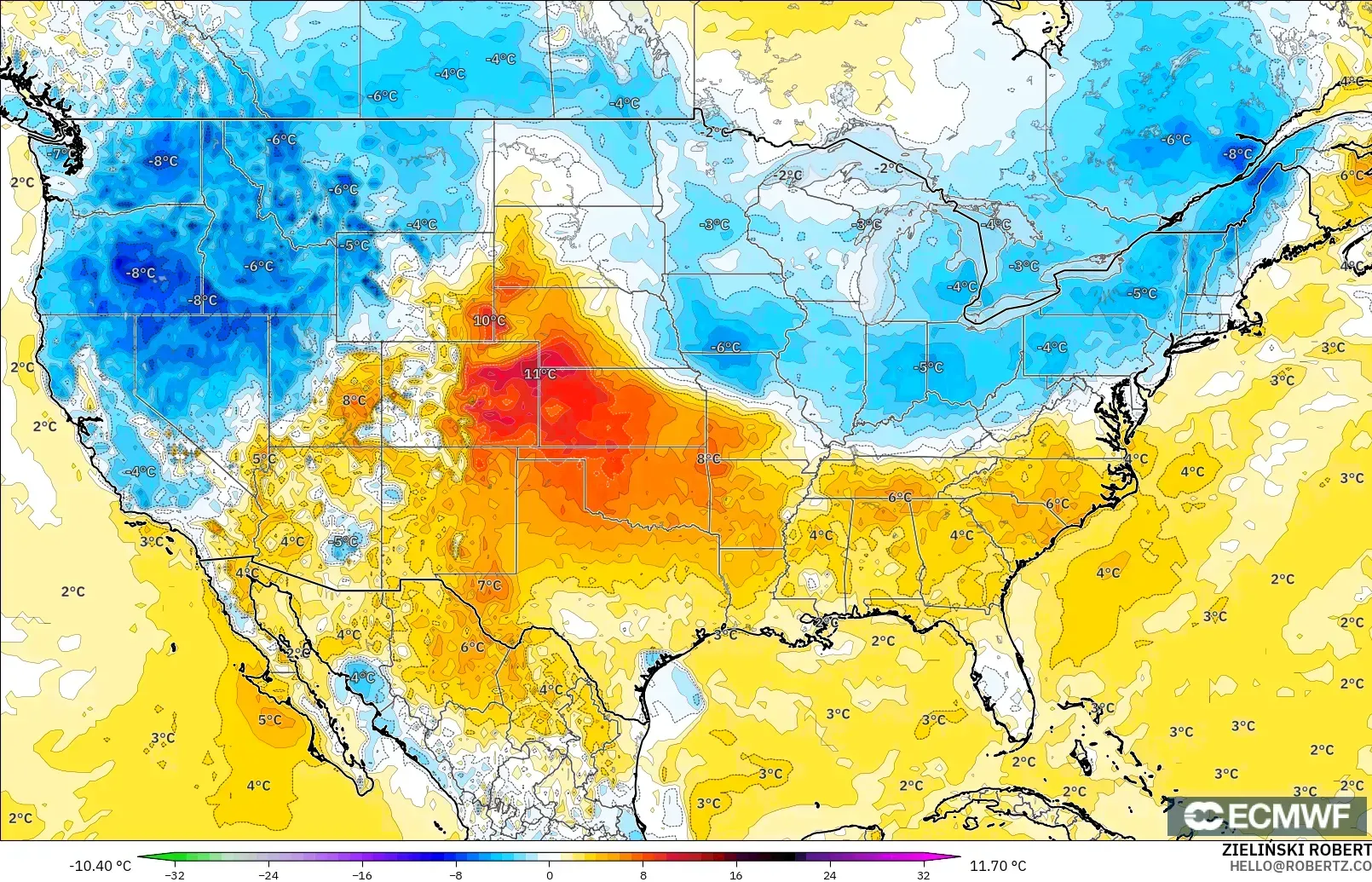 ECMWF IFS 0.25° model - Amerika Birleşik Devletleri, 2 m Sıcaklık Anomalisi
