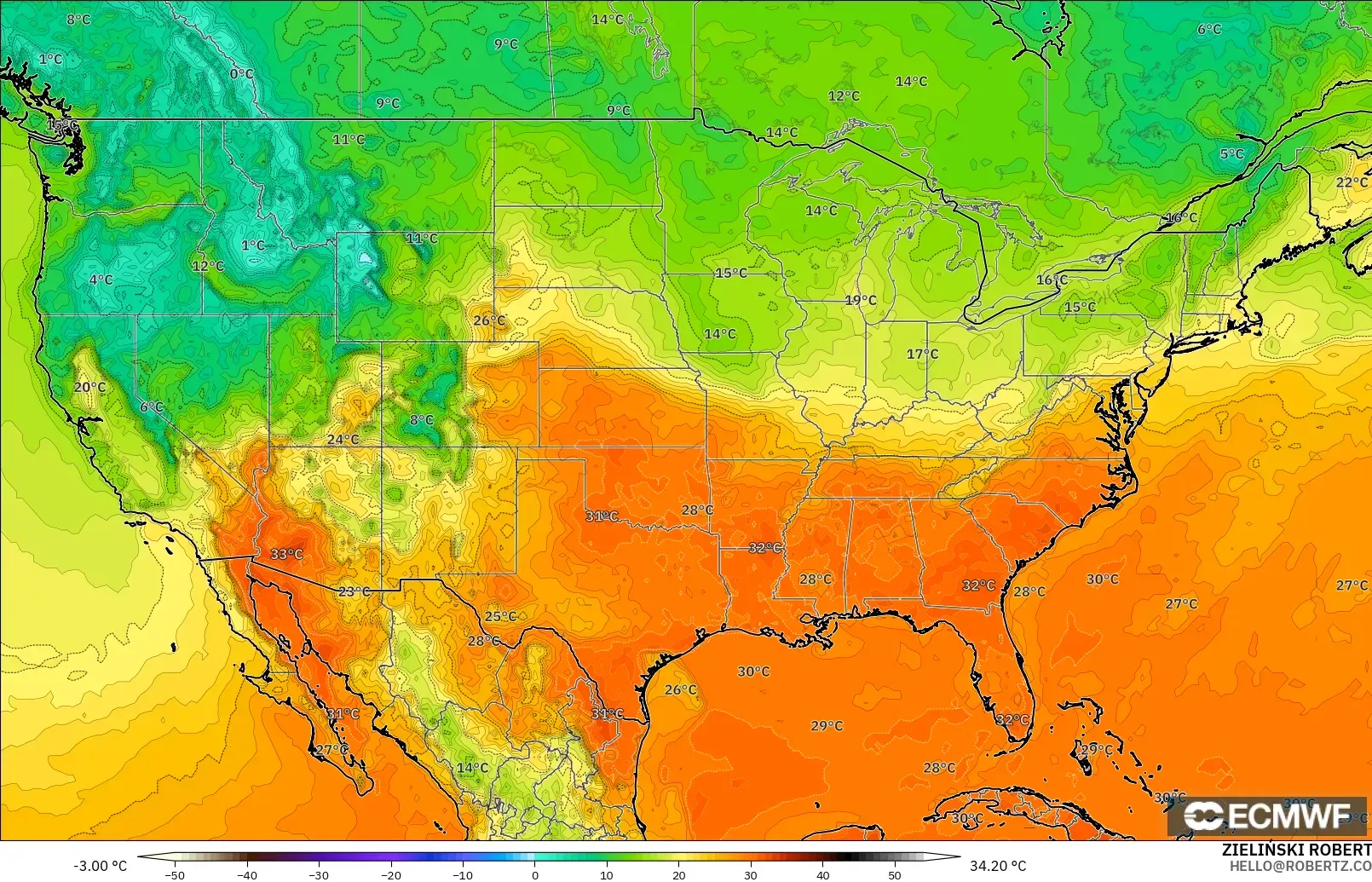 ECMWF IFS 0.25° model - Amerika Birleşik Devletleri, 2 m Sıcaklık