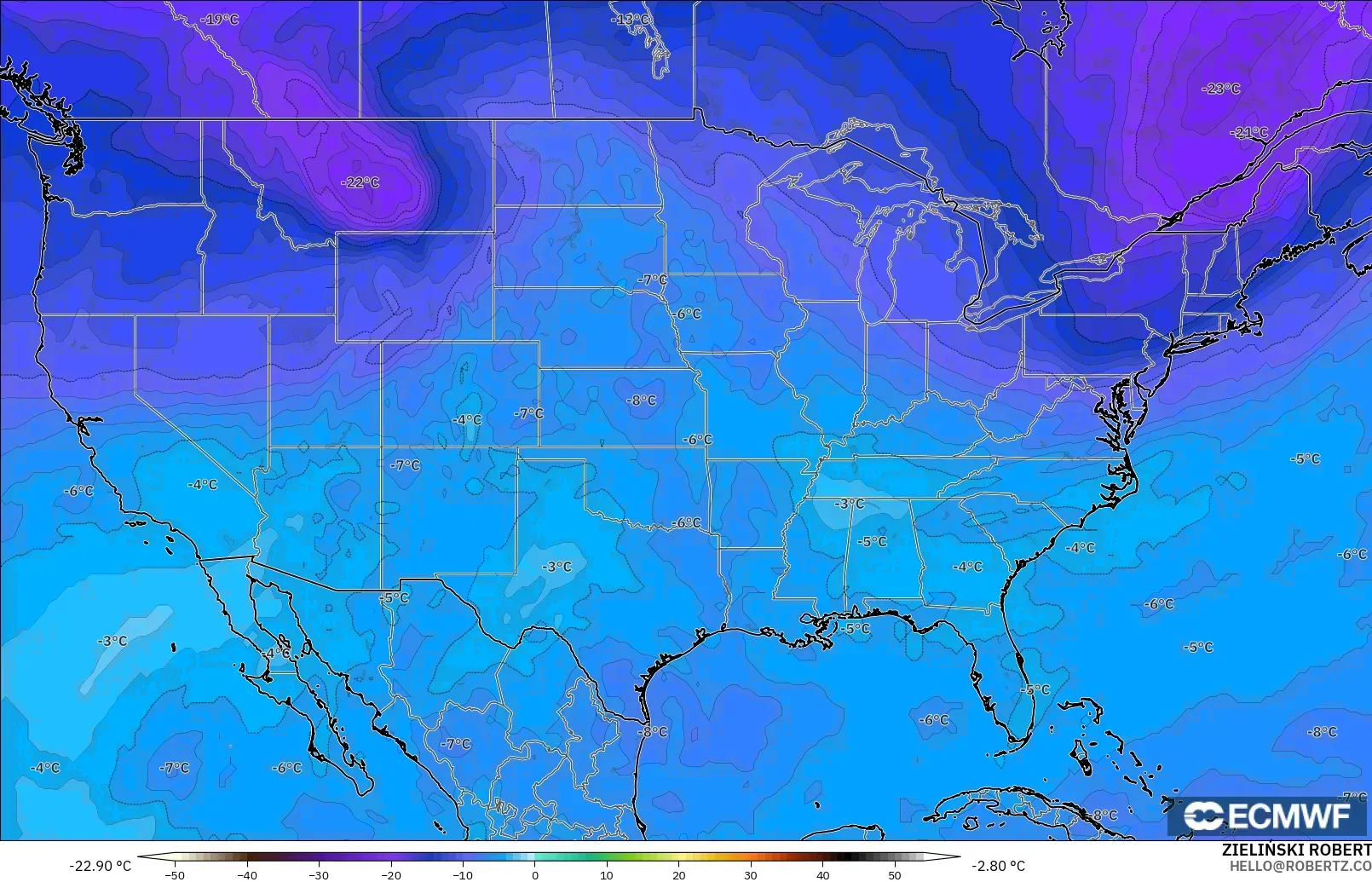 ECMWF IFS 0.25° model - Amerika Birleşik Devletleri, 500 hPa Sıcaklık