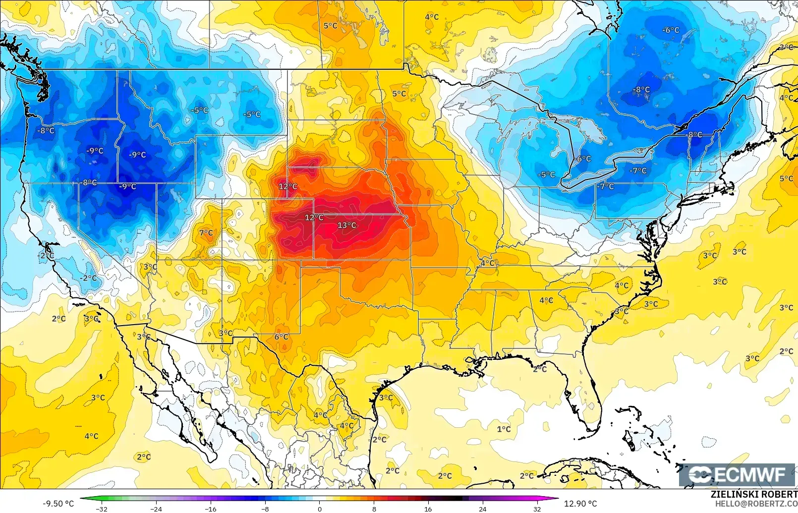 ECMWF IFS 0.25° model - Amerika Birleşik Devletleri, 850 hPa Sıcaklık Anomalisi