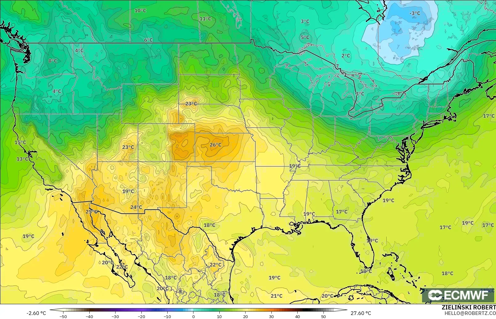 ECMWF IFS 0.25° model - Amerika Birleşik Devletleri, 850 hPa Sıcaklık