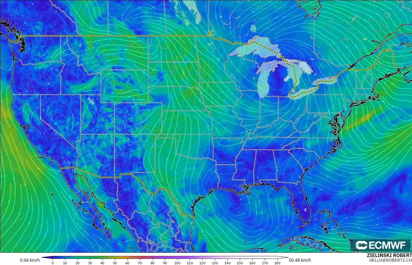 ECMWF IFS 0.25° model - Amerika Birleşik Devletleri, 10 m Rüzgâr