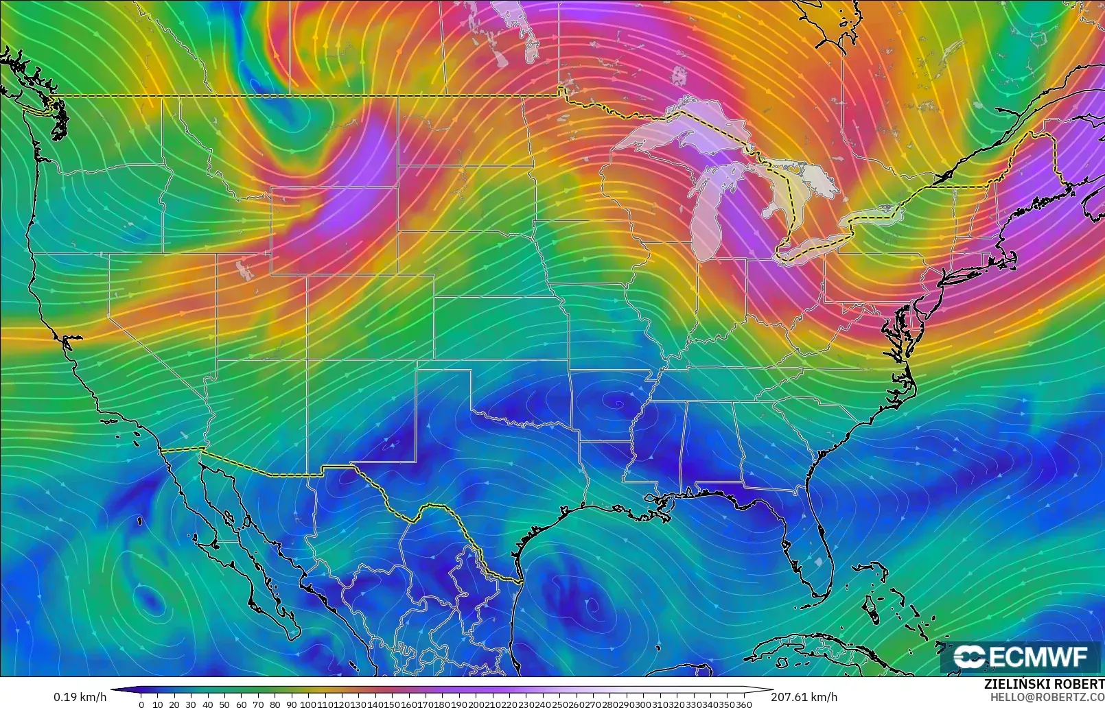 ECMWF IFS 0.25° model - Amerika Birleşik Devletleri, 300 hPa Rüzgârı (jet)