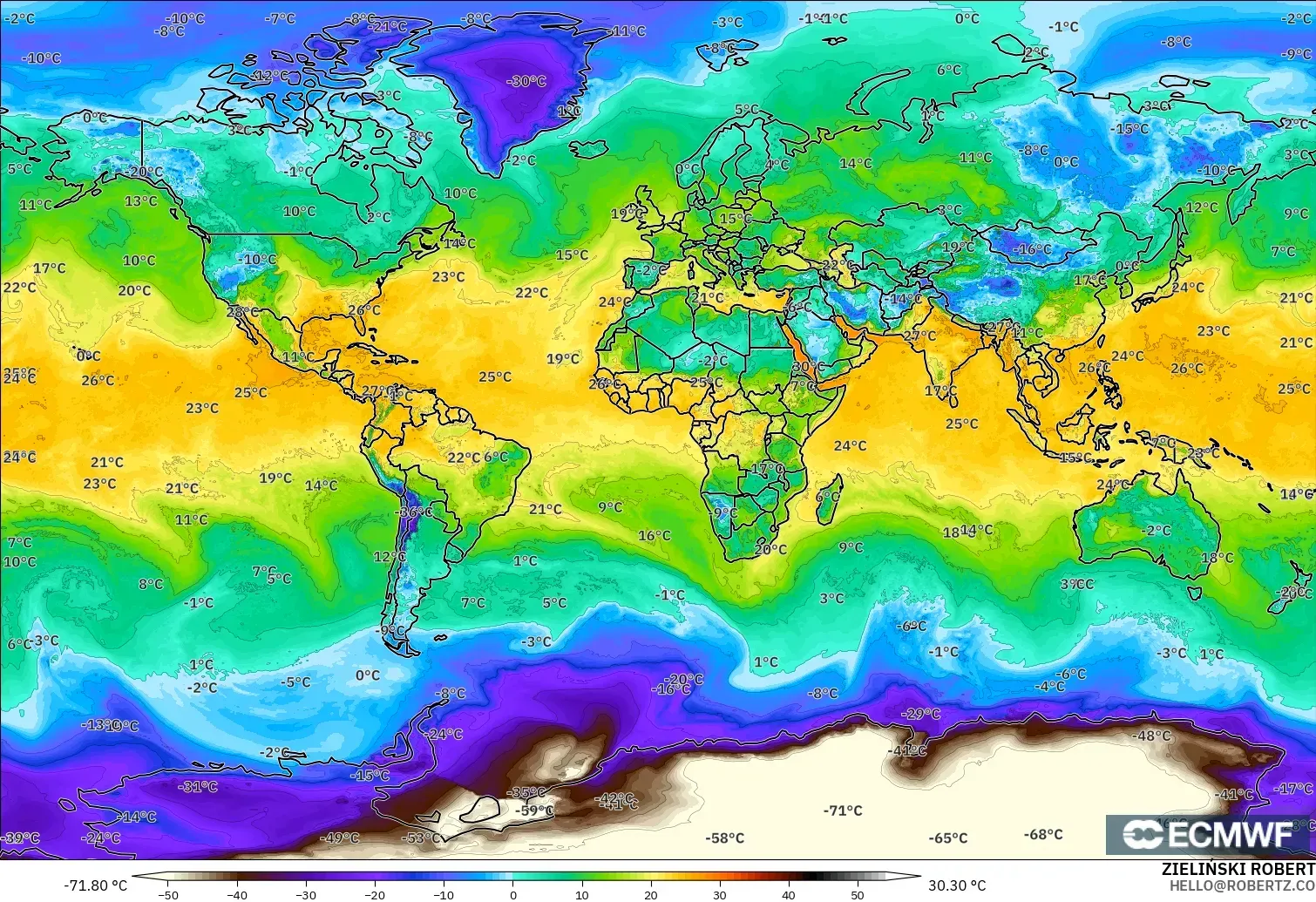 ECMWF IFS 0.25° model - Dünya, 2 m Çiy Noktası