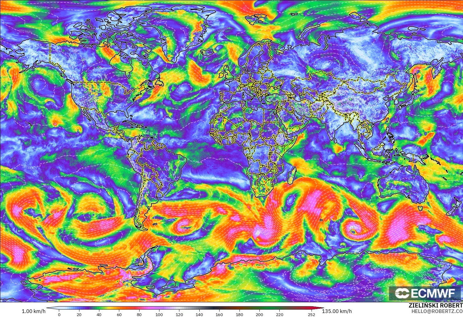 ECMWF IFS 0.25° model - Dünya, En Yüksek Rüzgâr