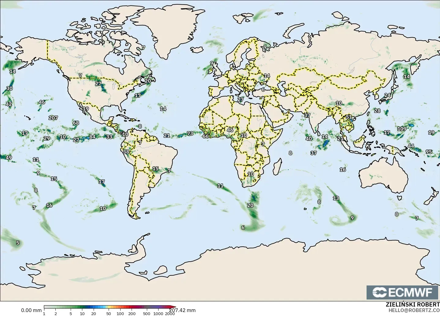 ECMWF IFS 0.25° model - Dünya, Yağış Birikimi