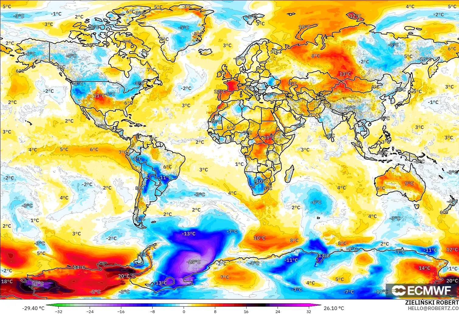 ECMWF IFS 0.25° model - Dünya, 2 m Sıcaklık Anomalisi