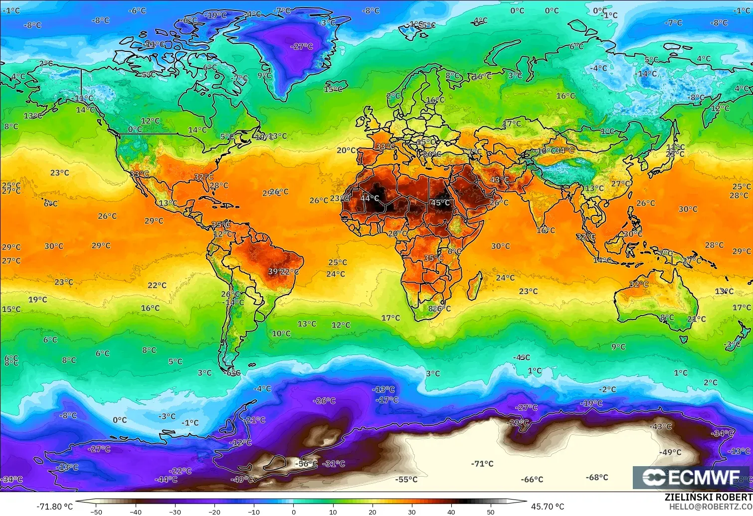 ECMWF IFS 0.25° model - Dünya, 2 m Sıcaklık