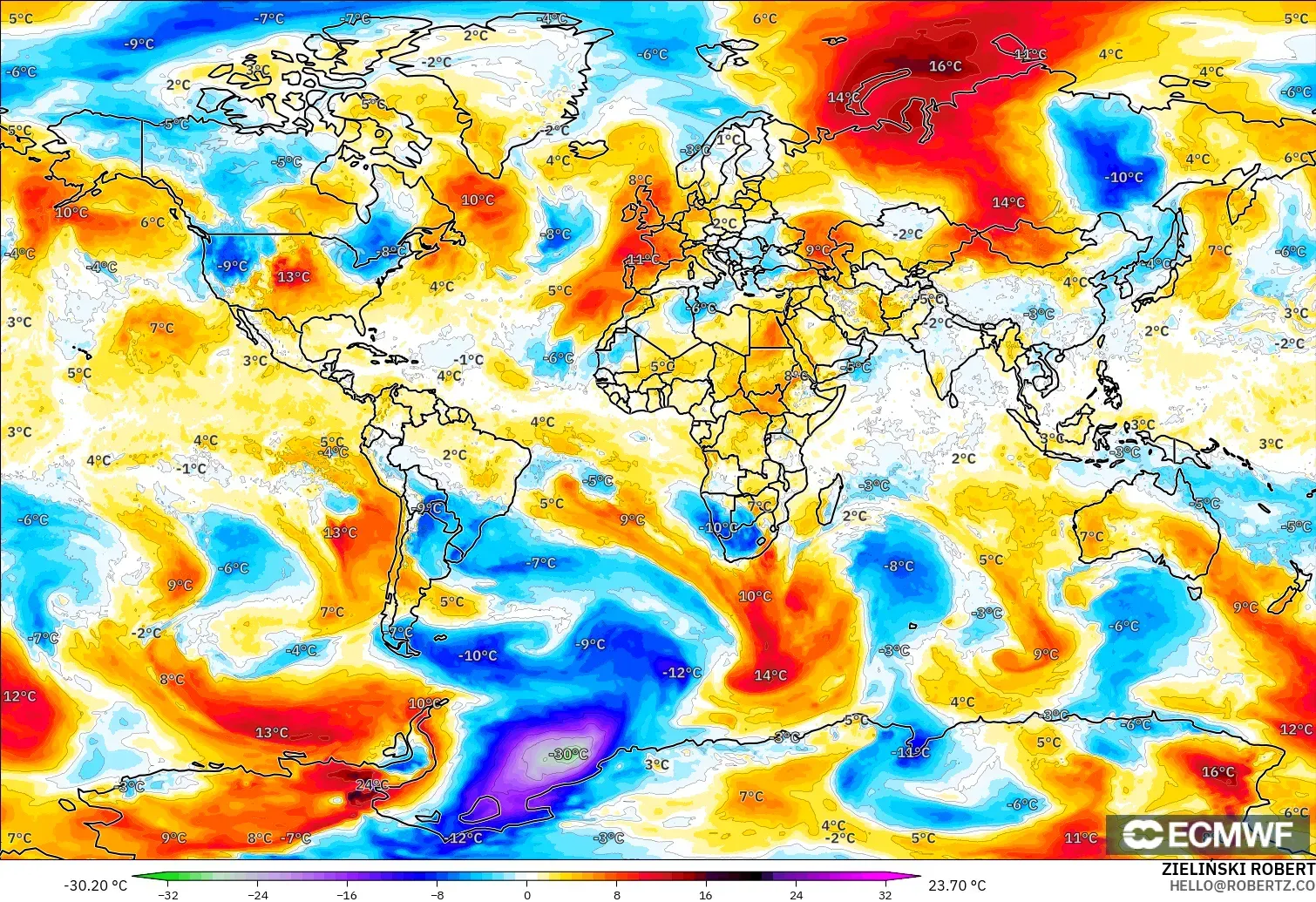 ECMWF IFS 0.25° model - Dünya, 850 hPa Sıcaklık Anomalisi