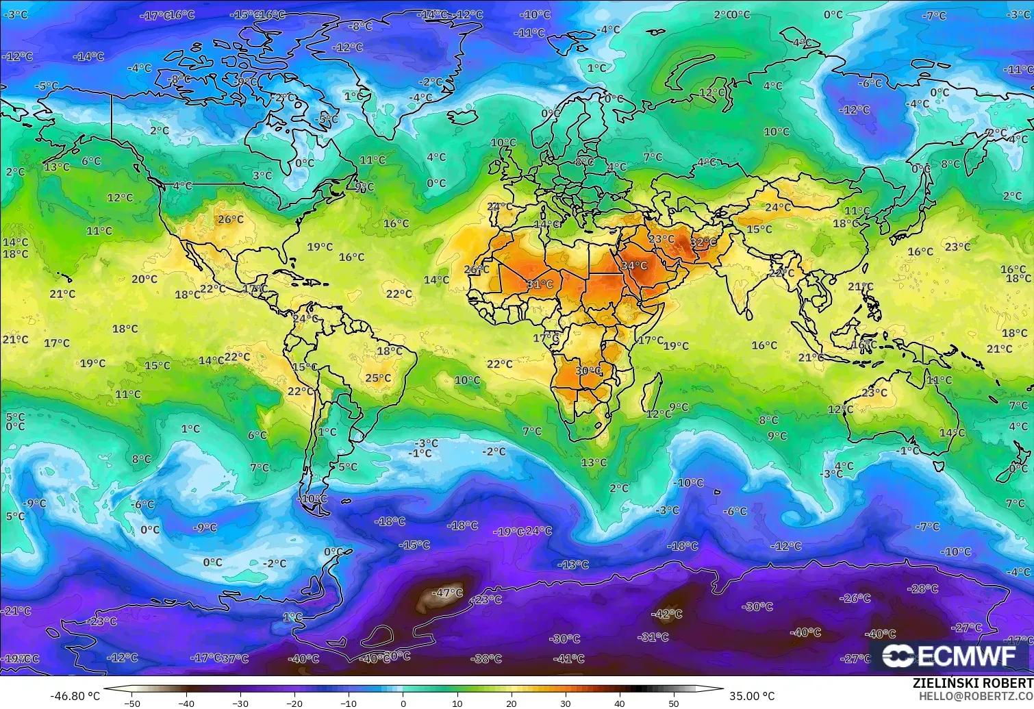 ECMWF IFS 0.25° model - Dünya, 850 hPa Sıcaklık