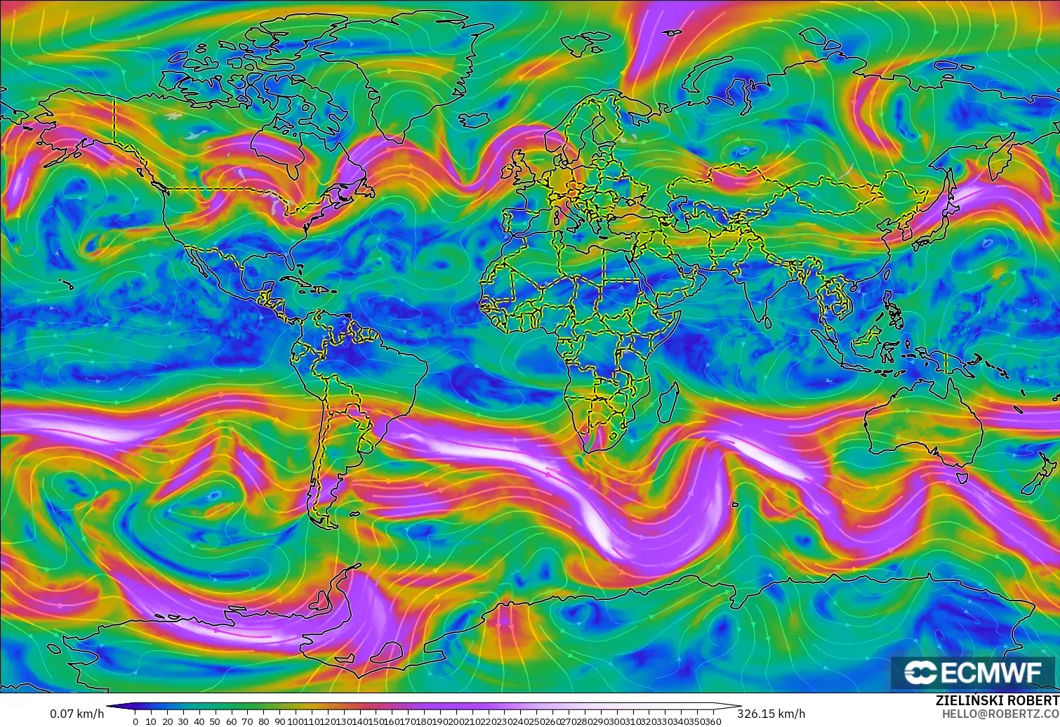 ECMWF IFS 0.25° model - Dünya, 300 hPa Rüzgârı (jet)