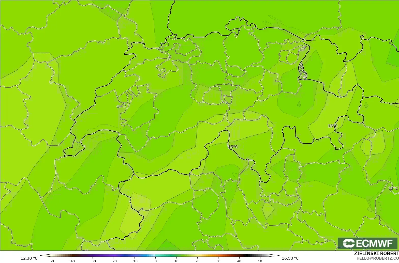 ECMWF IFS 0.25° model - İsviçre, 850 hPa Sıcaklık