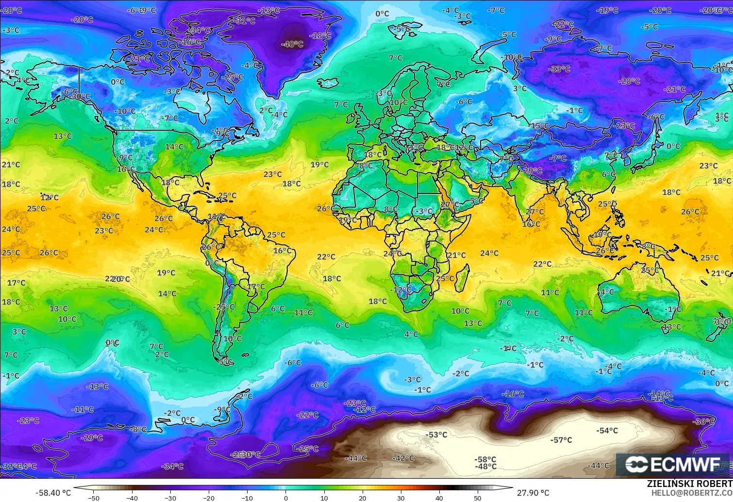ECMWF IFS 0.25° model - Dünya, 2 m Çiy Noktası