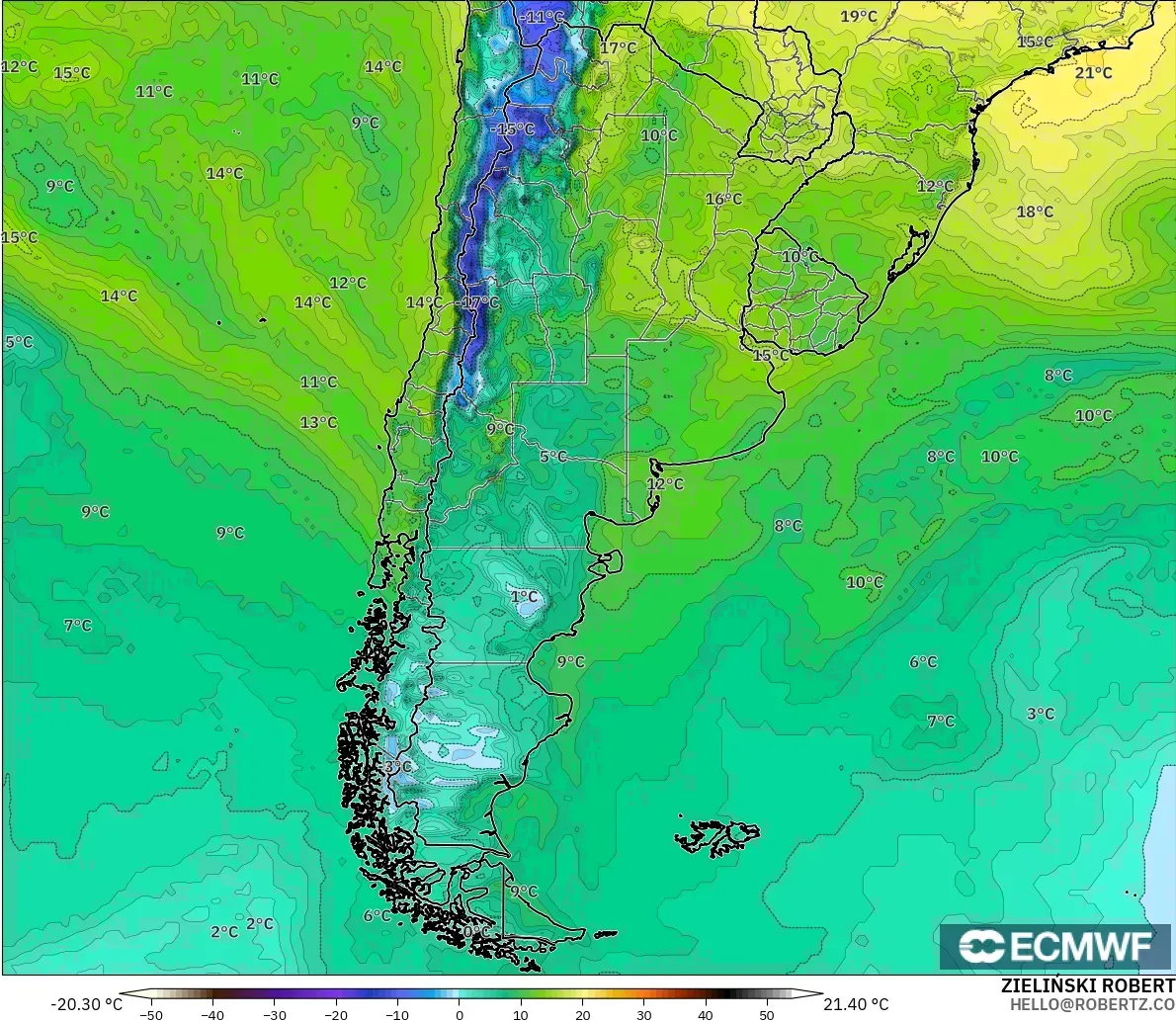 ECMWF IFS 0.25° model - Arjantin, 2 m Çiy Noktası