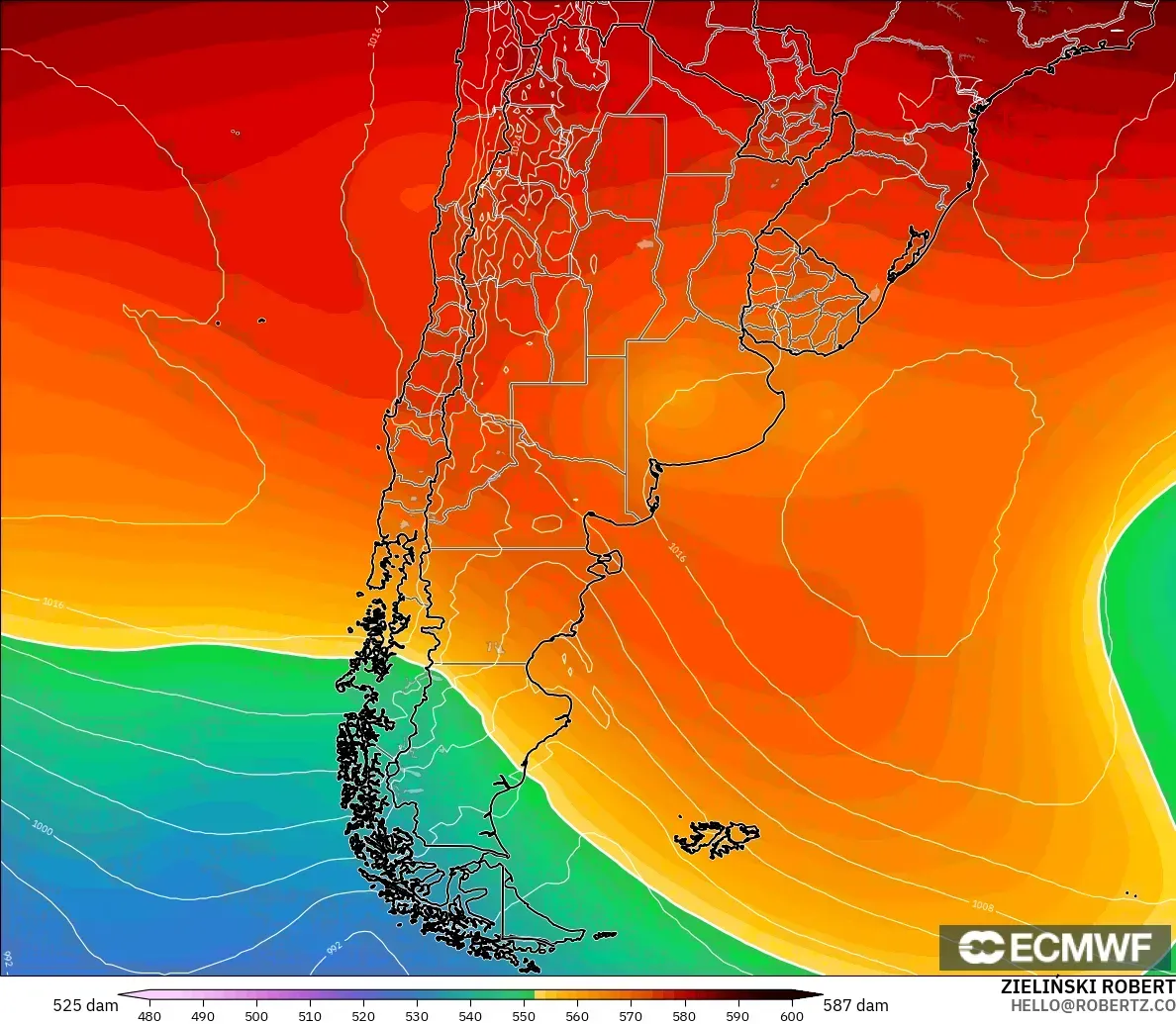 ECMWF IFS 0.25° model - Arjantin, 500 hPa’da jeopotansiyel yükseklik