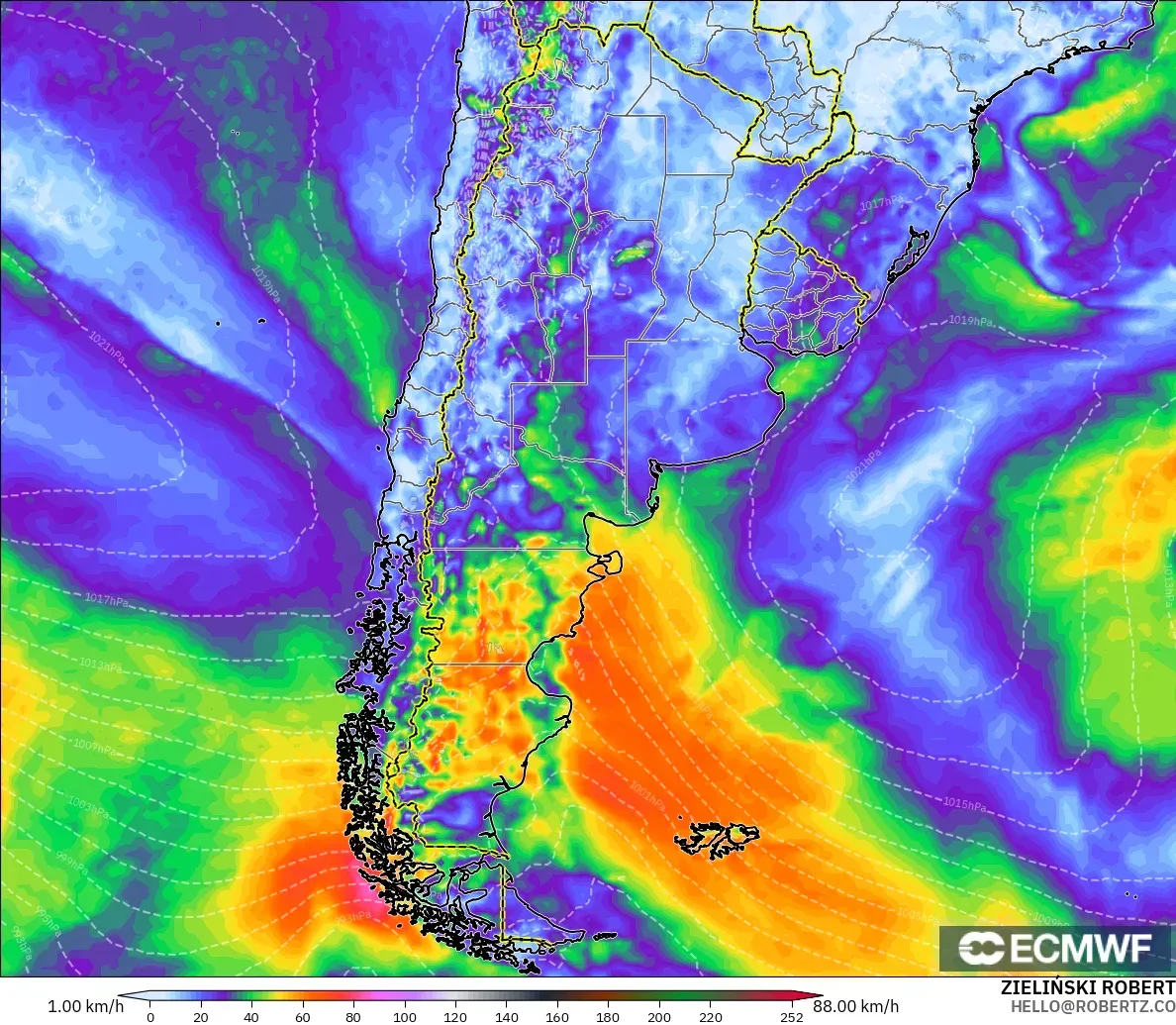 ECMWF IFS 0.25° model - Arjantin, Rüzgâr Esintileri