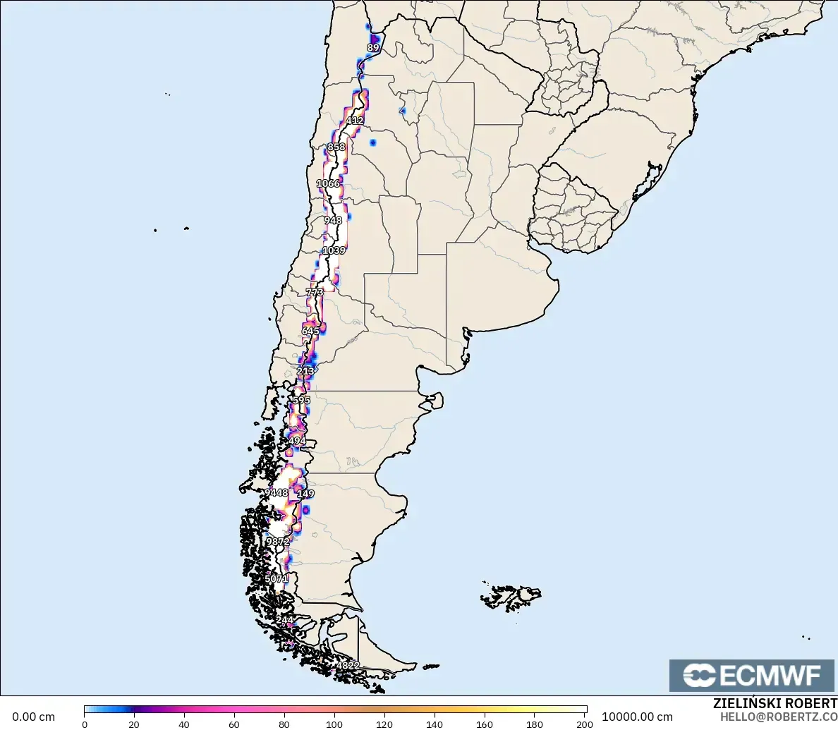 ECMWF IFS 0.25° model - Arjantin, Kar Kalınlığı